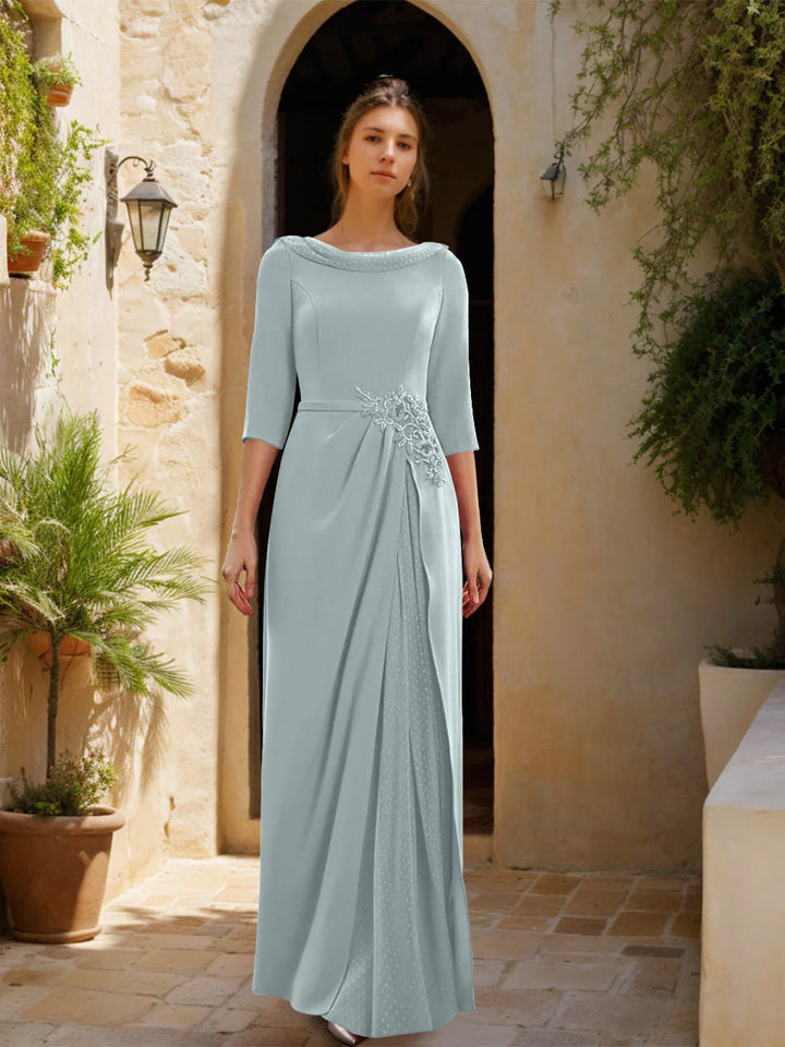Gaine/Colonne Col bénitier 3/4 Manches La Longueur du Sol Robes Mère de La Mariée avec Tulle & Ceinture & Slit & Bijou Appliques