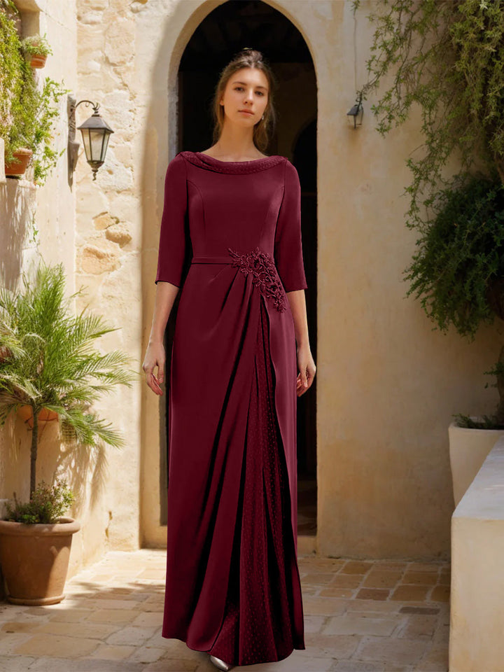 Gaine/Colonne Col bénitier 3/4 Manches La Longueur du Sol Robes Mère de La Mariée avec Tulle & Ceinture & Slit & Bijou Appliques