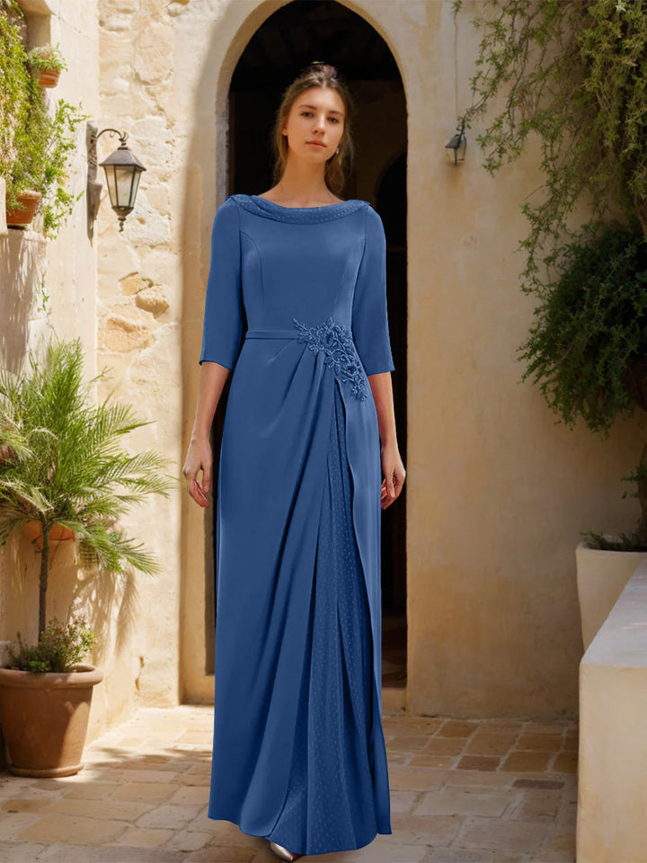 Gaine/Colonne Col bénitier 3/4 Manches La Longueur du Sol Robes Mère de La Mariée avec Tulle & Ceinture & Slit & Bijou Appliques