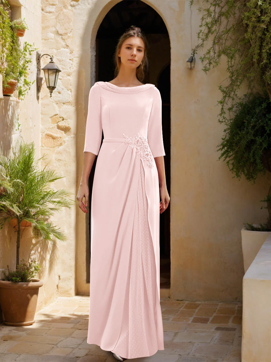 Gaine/Colonne Col bénitier 3/4 Manches La Longueur du Sol Robes Mère de La Mariée avec Tulle & Ceinture & Slit & Bijou Appliques