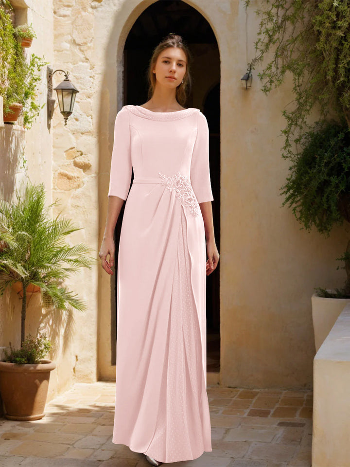 Gaine/Colonne Col bénitier 3/4 Manches La Longueur du Sol Robes Mère de La Mariée avec Tulle & Ceinture & Slit & Bijou Appliques
