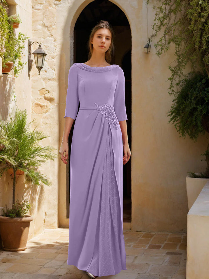 Gaine/Colonne Col bénitier 3/4 Manches La Longueur du Sol Robes Mère de La Mariée avec Tulle & Ceinture & Slit & Bijou Appliques