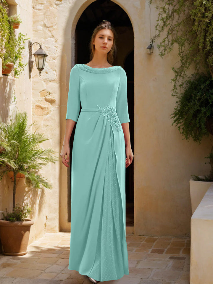 Gaine/Colonne Col bénitier 3/4 Manches La Longueur du Sol Robes Mère de La Mariée avec Tulle & Ceinture & Slit & Bijou Appliques
