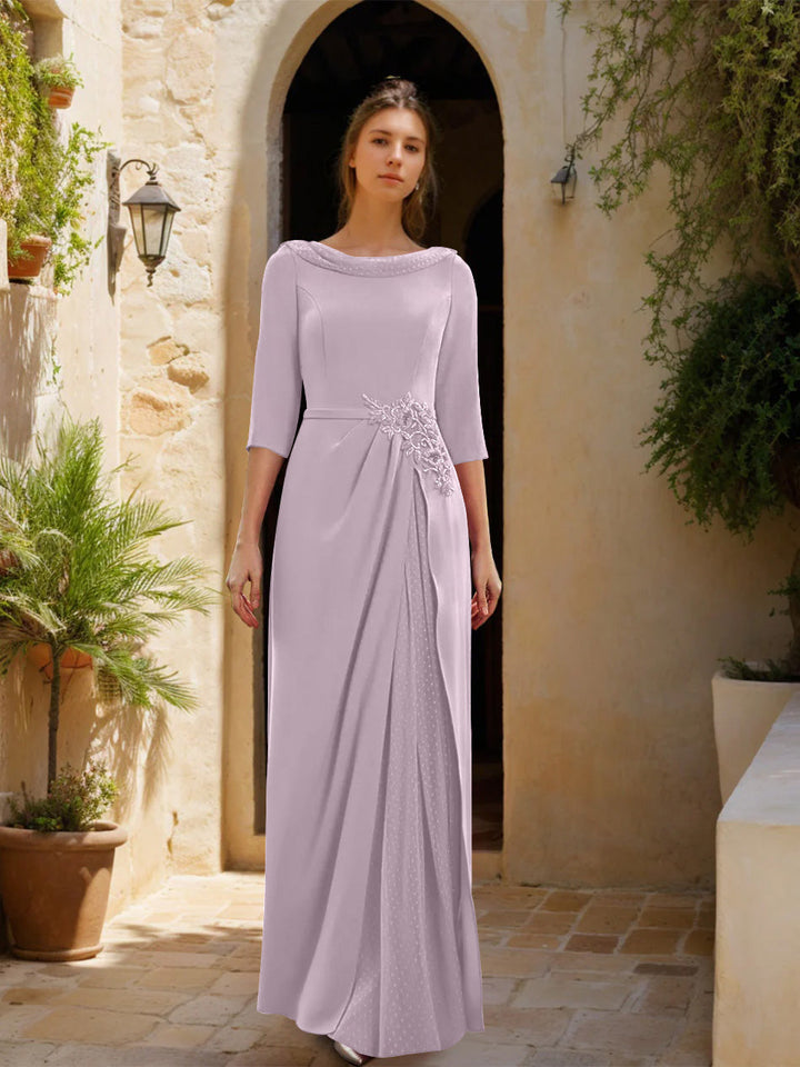 Gaine/Colonne Col bénitier 3/4 Manches La Longueur du Sol Robes Mère de La Mariée avec Tulle & Ceinture & Slit & Bijou Appliques