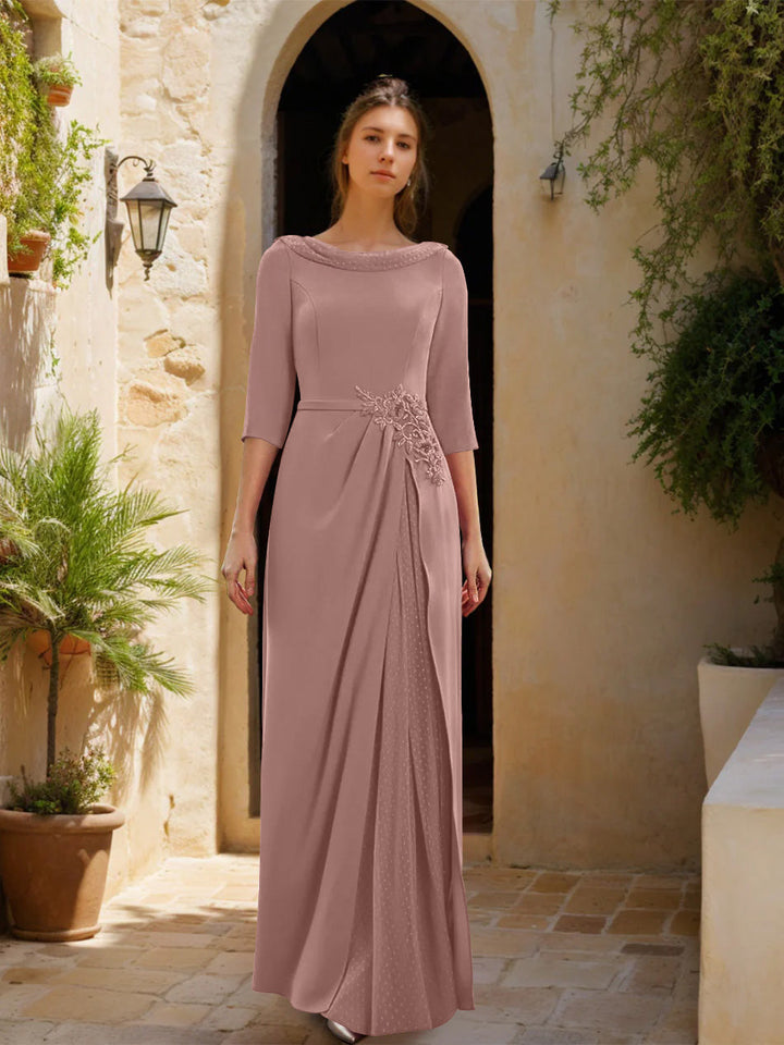 Gaine/Colonne Col bénitier 3/4 Manches La Longueur du Sol Robes Mère de La Mariée avec Tulle & Ceinture & Slit & Bijou Appliques