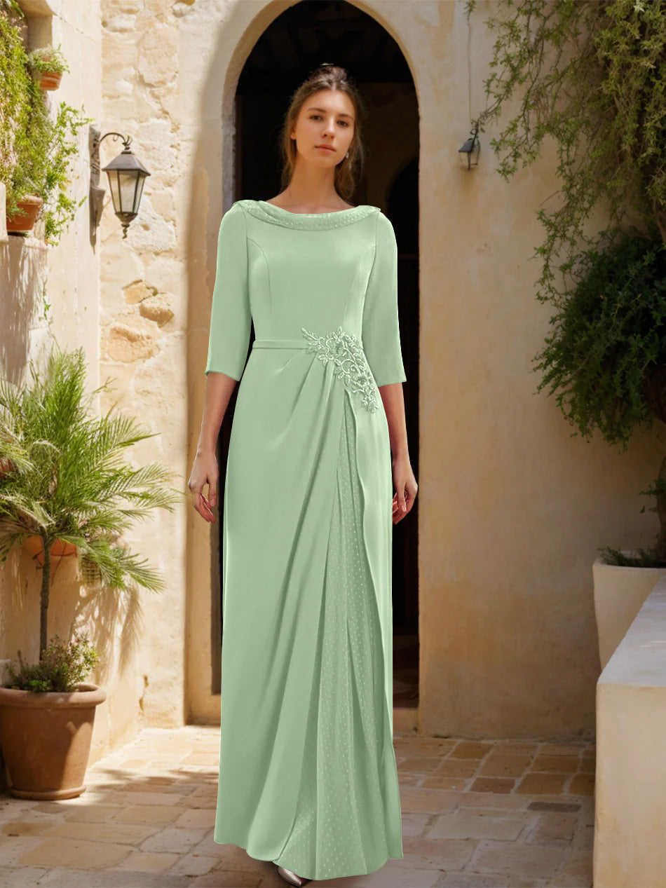 Gaine/Colonne Col bénitier 3/4 Manches La Longueur du Sol Robes Mère de La Mariée avec Tulle & Ceinture & Slit & Bijou Appliques