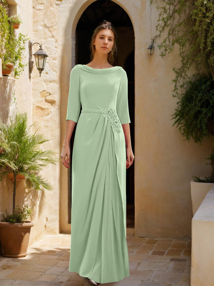 Gaine/Colonne Col bénitier 3/4 Manches La Longueur du Sol Robes Mère de La Mariée avec Tulle & Ceinture & Slit & Bijou Appliques