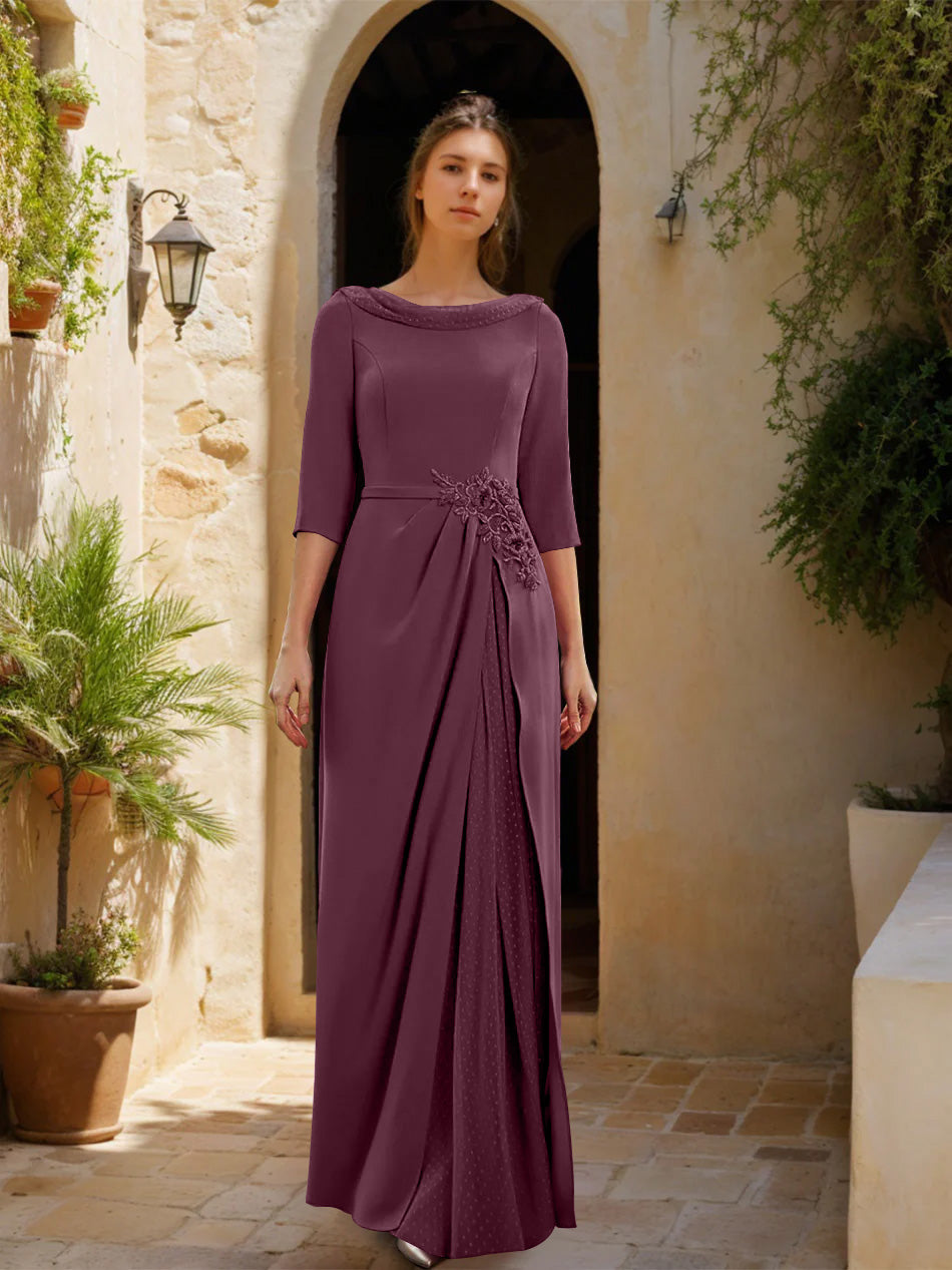 Gaine/Colonne Col bénitier 3/4 Manches La Longueur du Sol Robes Mère de La Mariée avec Tulle & Ceinture & Slit & Bijou Appliques