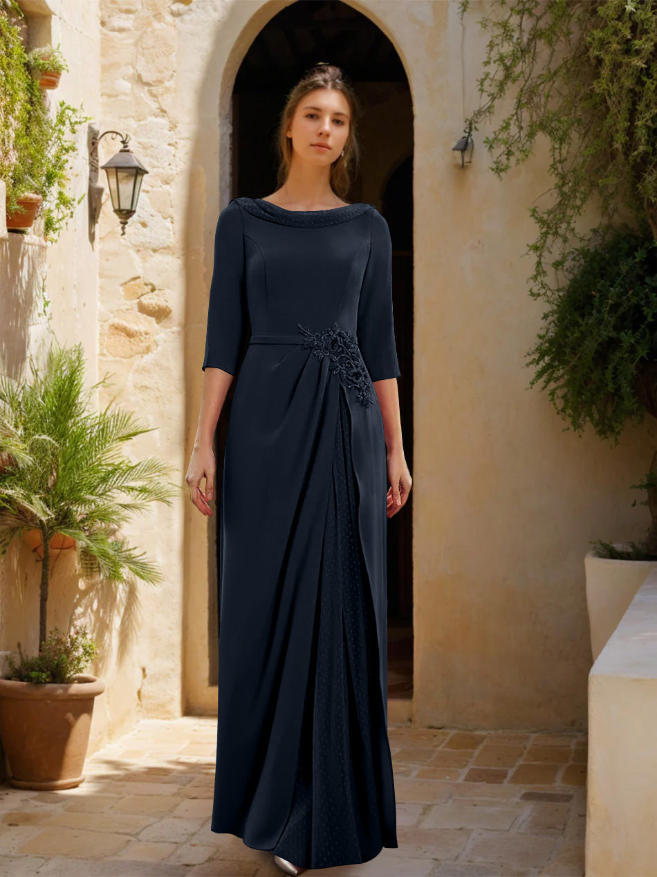 Gaine/Colonne Col bénitier 3/4 Manches La Longueur du Sol Robes Mère de La Mariée avec Tulle & Ceinture & Slit & Bijou Appliques