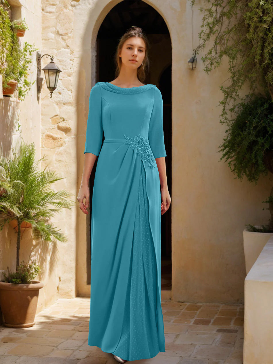 Gaine/Colonne Col bénitier 3/4 Manches La Longueur du Sol Robes Mère de La Mariée avec Tulle & Ceinture & Slit & Bijou Appliques