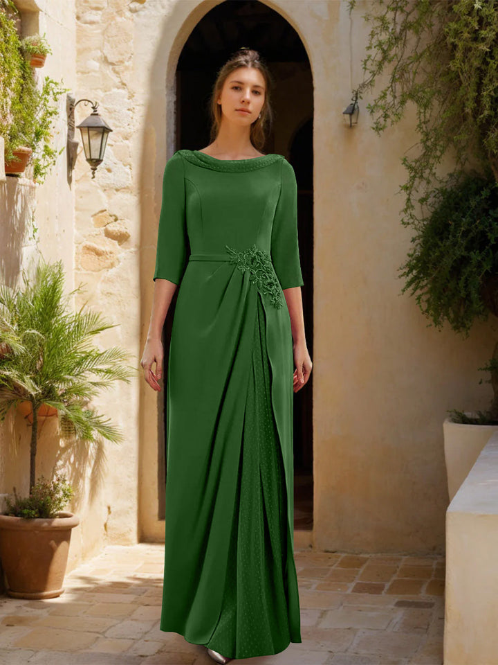 Gaine/Colonne Col bénitier 3/4 Manches La Longueur du Sol Robes Mère de La Mariée avec Tulle & Ceinture & Slit & Bijou Appliques