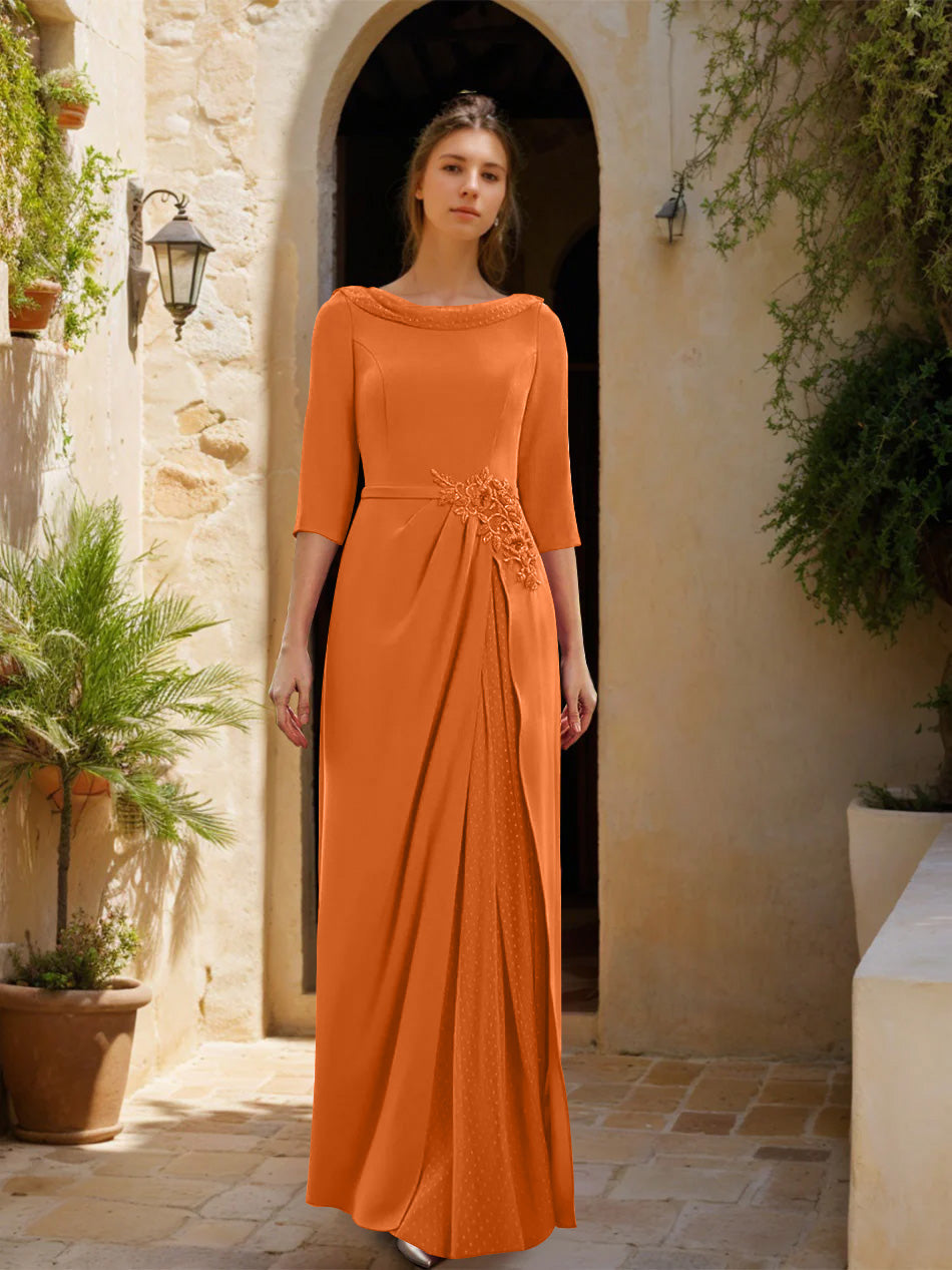 Gaine/Colonne Col bénitier 3/4 Manches La Longueur du Sol Robes Mère de La Mariée avec Tulle & Ceinture & Slit & Bijou Appliques