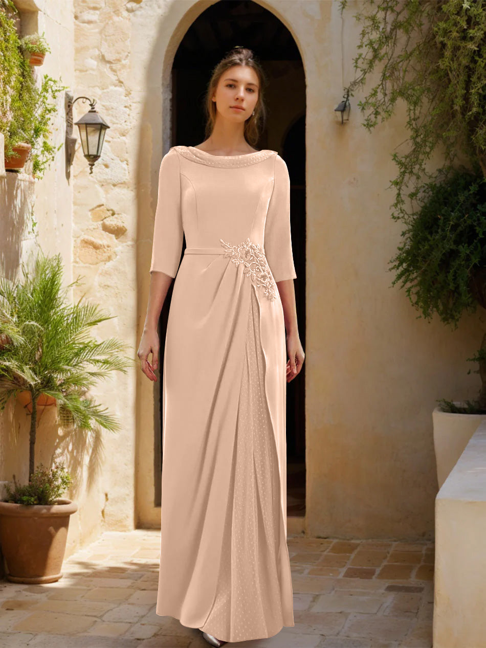 Gaine/Colonne Col bénitier 3/4 Manches La Longueur du Sol Robes Mère de La Mariée avec Tulle & Ceinture & Slit & Bijou Appliques