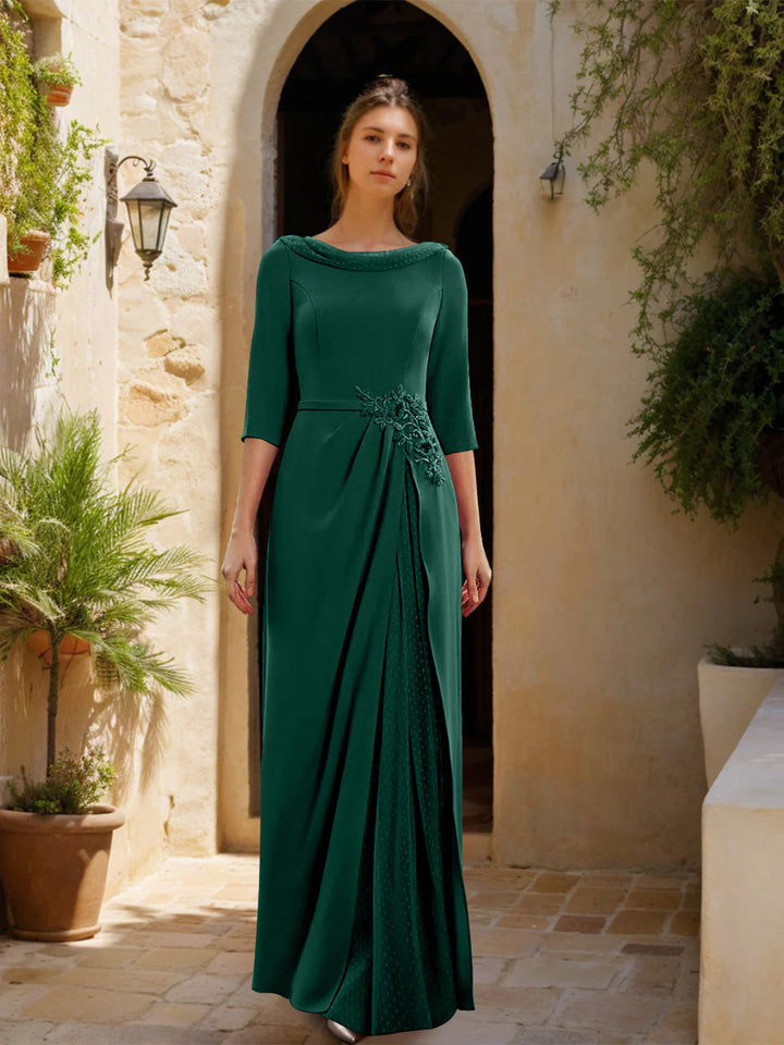 Gaine/Colonne Col bénitier 3/4 Manches La Longueur du Sol Robes Mère de La Mariée avec Tulle & Ceinture & Slit & Bijou Appliques