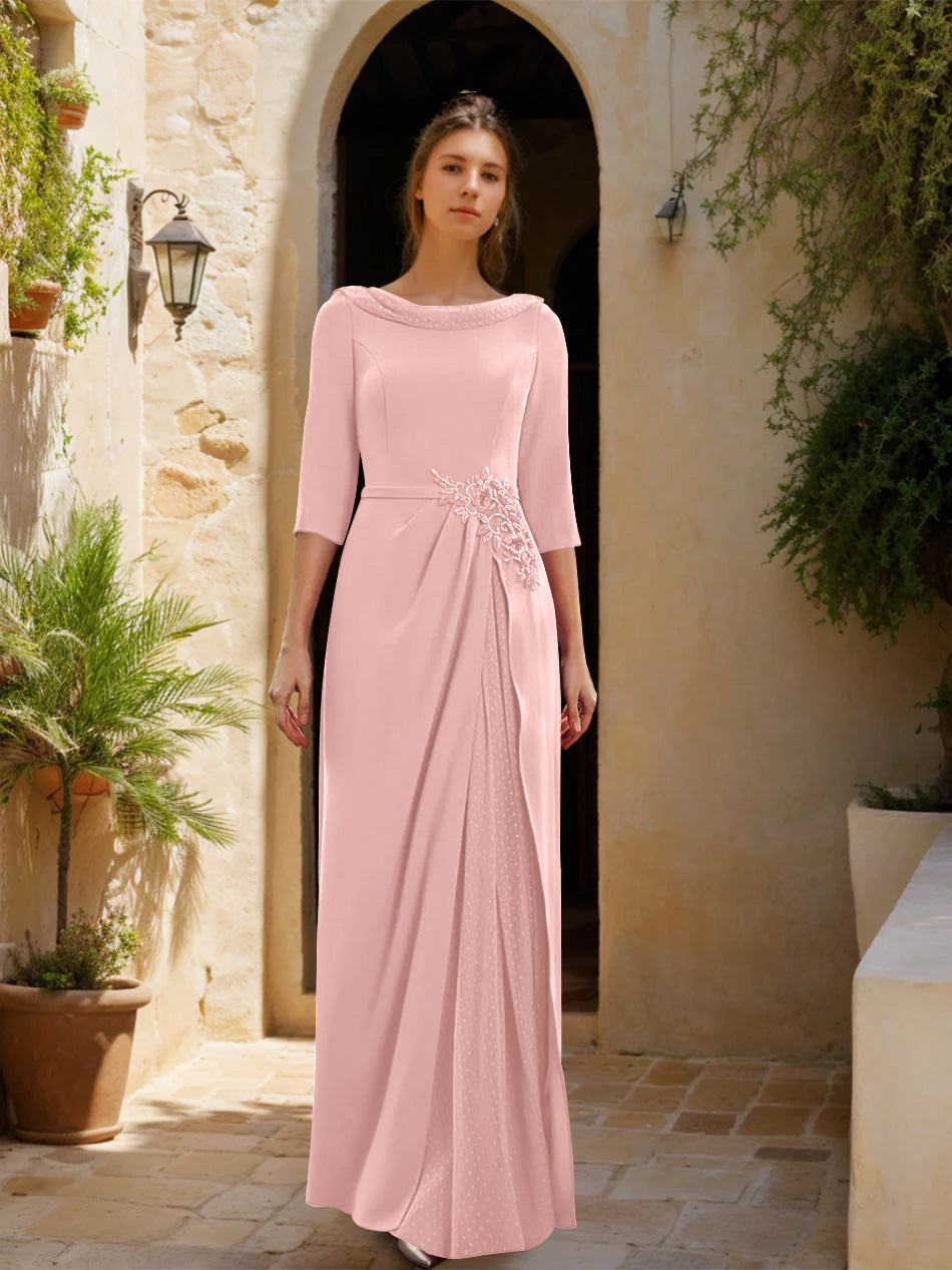 Gaine/Colonne Col bénitier 3/4 Manches La Longueur du Sol Robes Mère de La Mariée avec Tulle & Ceinture & Slit & Bijou Appliques