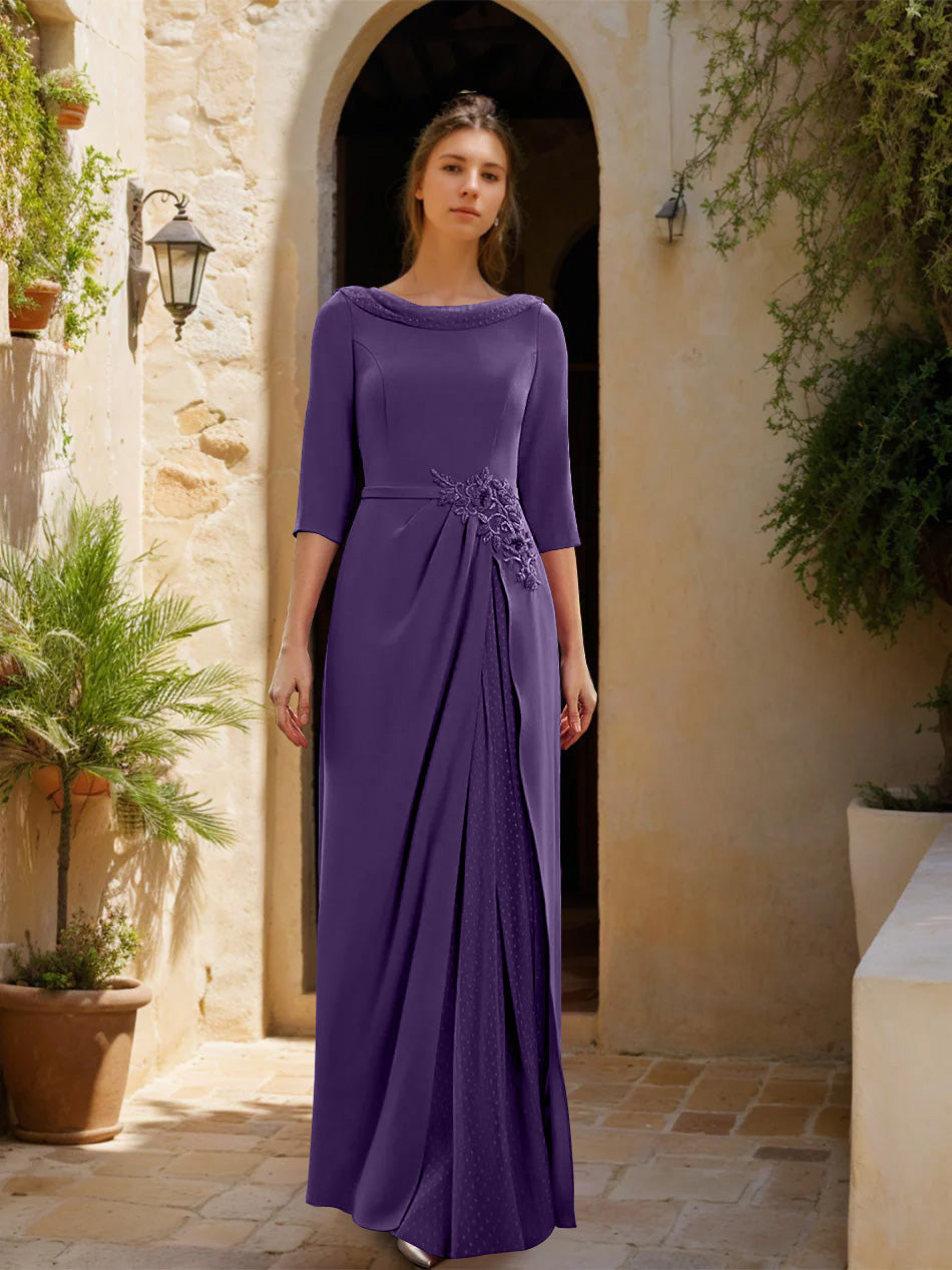 Gaine/Colonne Col bénitier 3/4 Manches La Longueur du Sol Robes Mère de La Mariée avec Tulle & Ceinture & Slit & Bijou Appliques