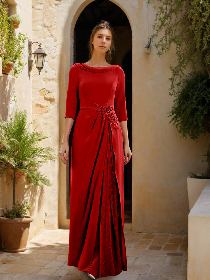 Gaine/Colonne Col bénitier 3/4 Manches La Longueur du Sol Robes Mère de La Mariée avec Tulle & Ceinture & Slit & Bijou Appliques