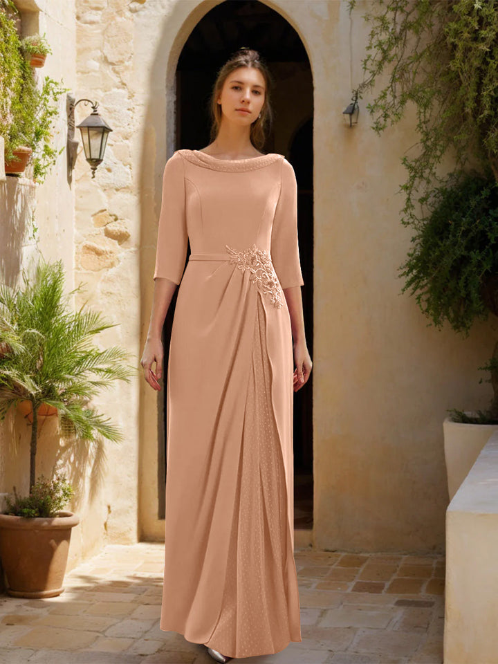 Gaine/Colonne Col bénitier 3/4 Manches La Longueur du Sol Robes Mère de La Mariée avec Tulle & Ceinture & Slit & Bijou Appliques