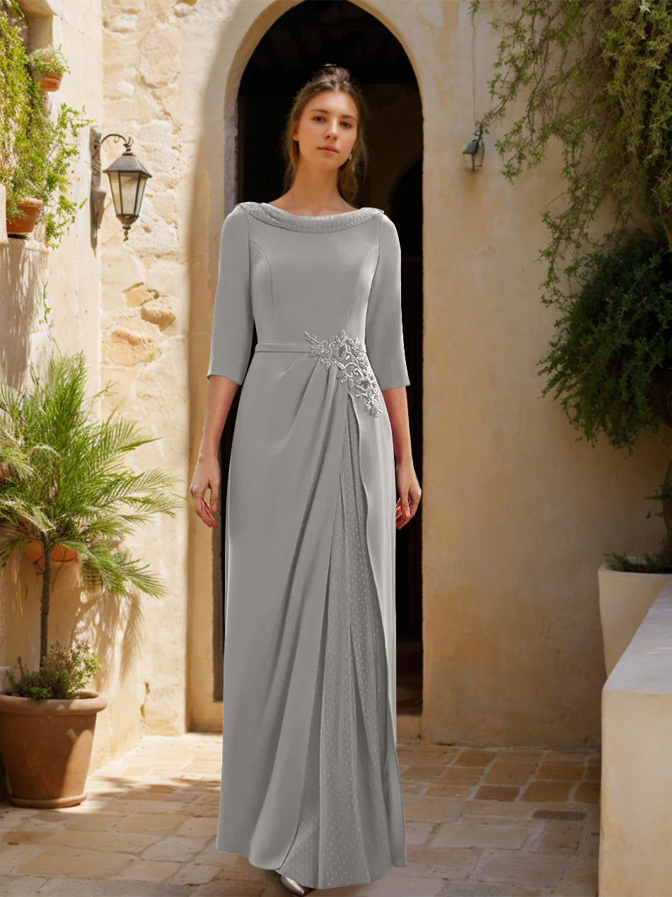 Gaine/Colonne Col bénitier 3/4 Manches La Longueur du Sol Robes Mère de La Mariée avec Tulle & Ceinture & Slit & Bijou Appliques