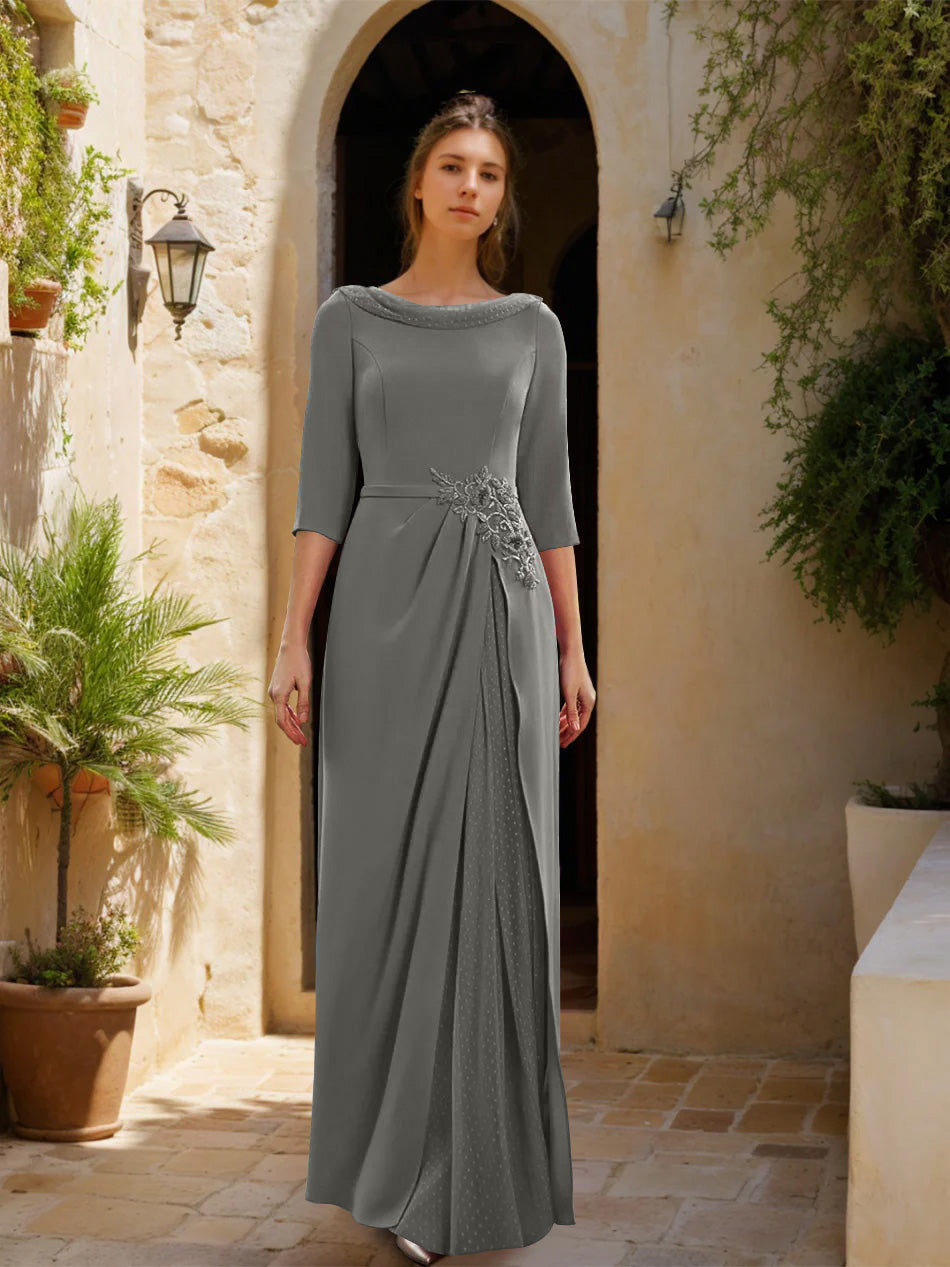 Gaine/Colonne Col bénitier 3/4 Manches La Longueur du Sol Robes Mère de La Mariée avec Tulle & Ceinture & Slit & Bijou Appliques