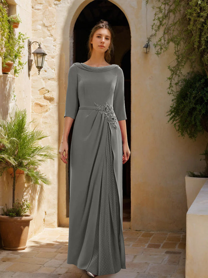 Gaine/Colonne Col bénitier 3/4 Manches La Longueur du Sol Robes Mère de La Mariée avec Tulle & Ceinture & Slit & Bijou Appliques