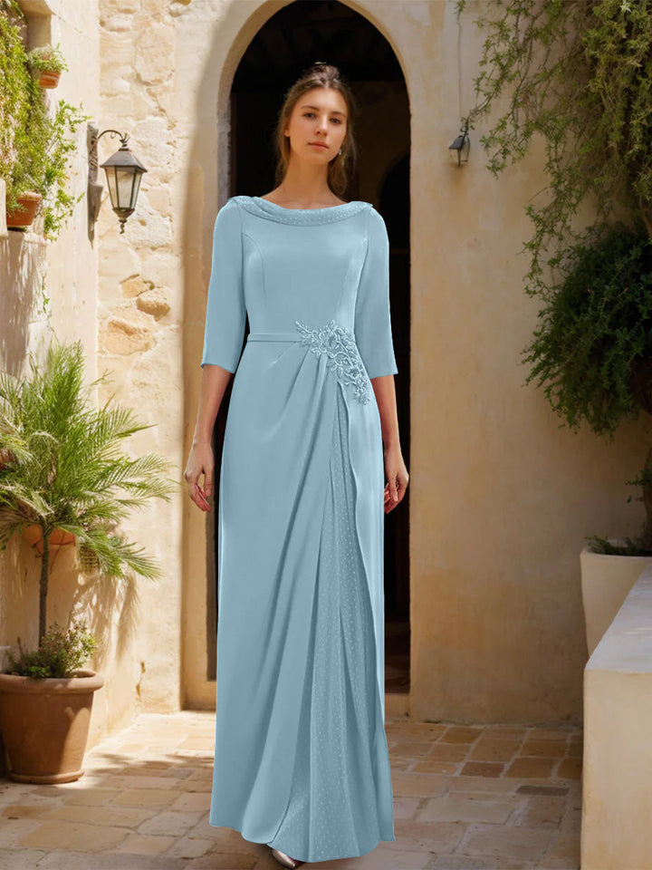 Gaine/Colonne Col bénitier 3/4 Manches La Longueur du Sol Robes Mère de La Mariée avec Tulle & Ceinture & Slit & Bijou Appliques