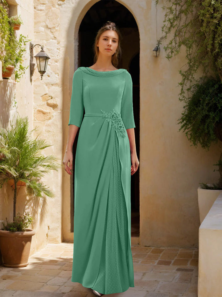 Gaine/Colonne Col bénitier 3/4 Manches La Longueur du Sol Robes Mère de La Mariée avec Tulle & Ceinture & Slit & Bijou Appliques