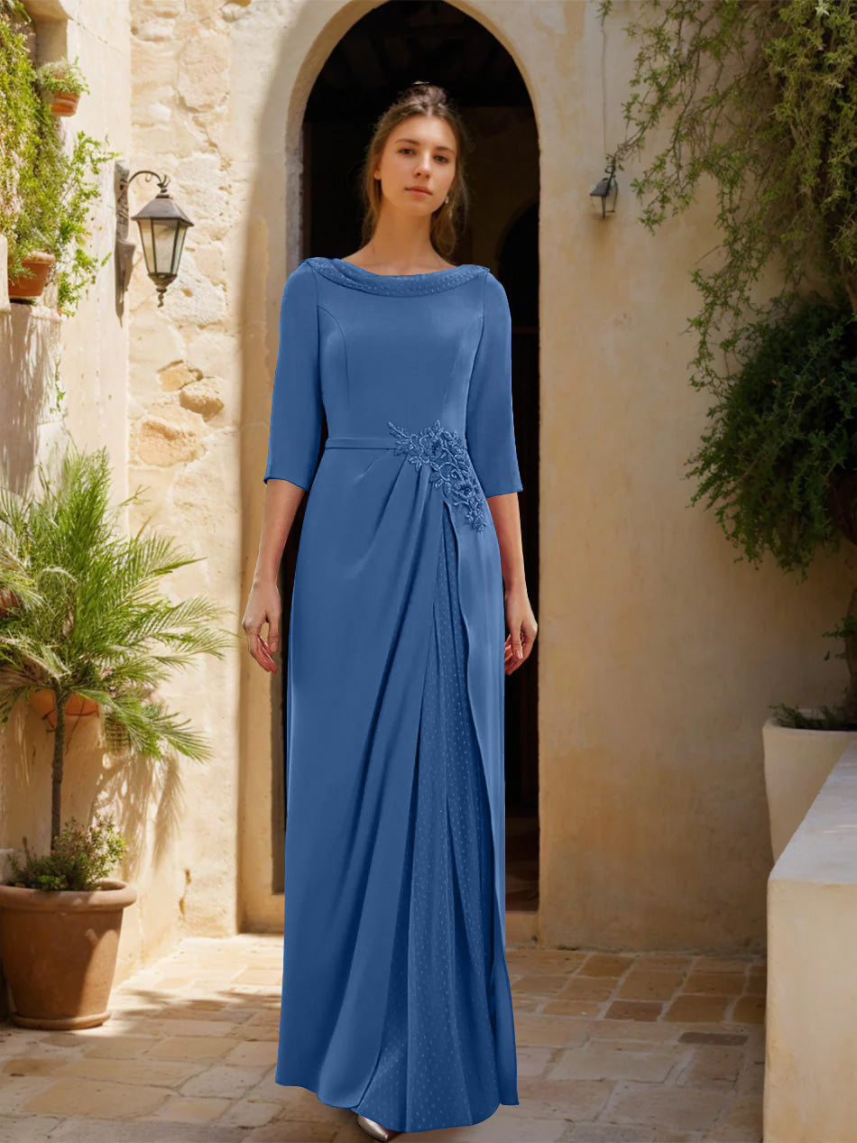 Gaine/Colonne Col bénitier 3/4 Manches La Longueur du Sol Robes Mère de La Mariée avec Tulle & Ceinture & Slit & Bijou Appliques