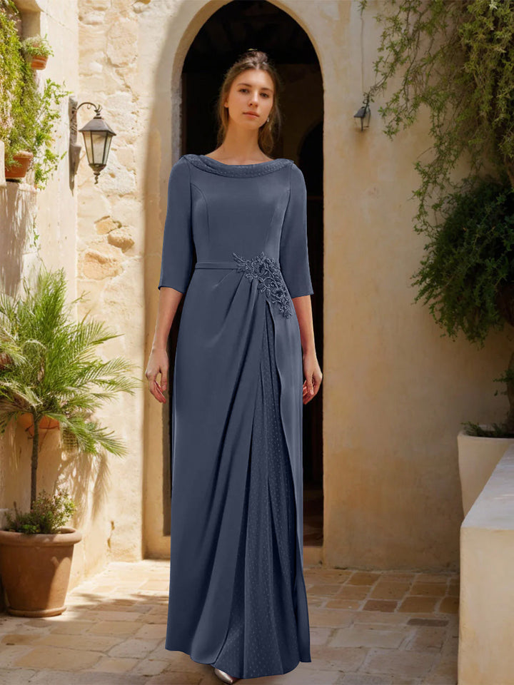 Gaine/Colonne Col bénitier 3/4 Manches La Longueur du Sol Robes Mère de La Mariée avec Tulle & Ceinture & Slit & Bijou Appliques