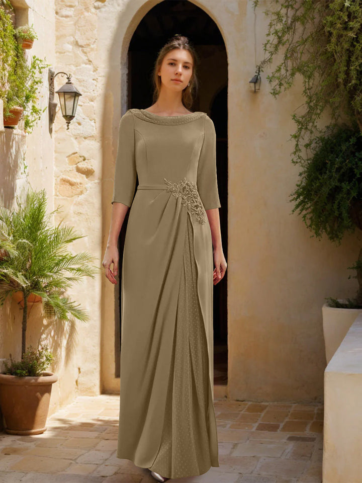 Gaine/Colonne Col bénitier 3/4 Manches La Longueur du Sol Robes Mère de La Mariée avec Tulle & Ceinture & Slit & Bijou Appliques