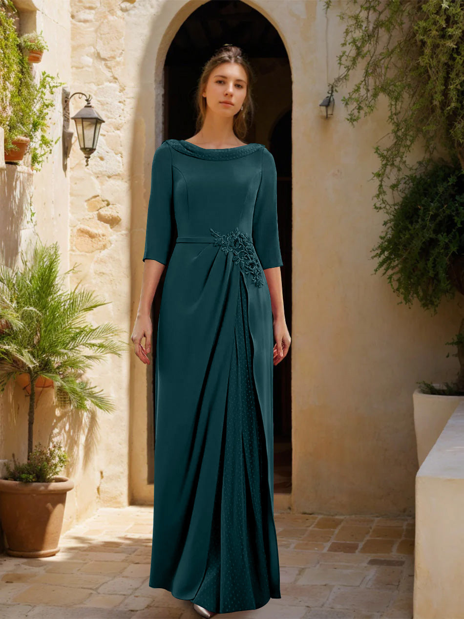 Gaine/Colonne Col bénitier 3/4 Manches La Longueur du Sol Robes Mère de La Mariée avec Tulle & Ceinture & Slit & Bijou Appliques
