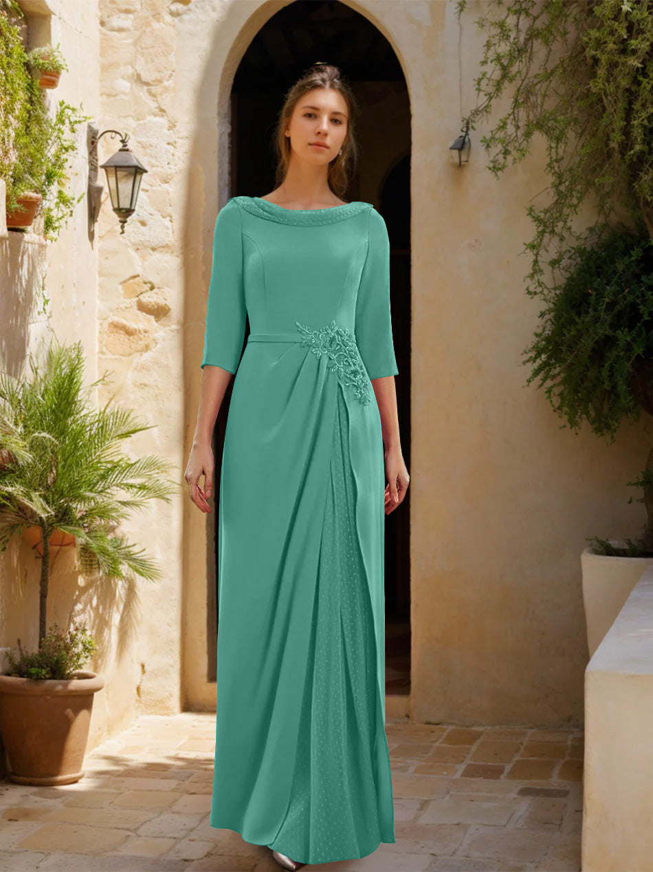 Gaine/Colonne Col bénitier 3/4 Manches La Longueur du Sol Robes Mère de La Mariée avec Tulle & Ceinture & Slit & Bijou Appliques