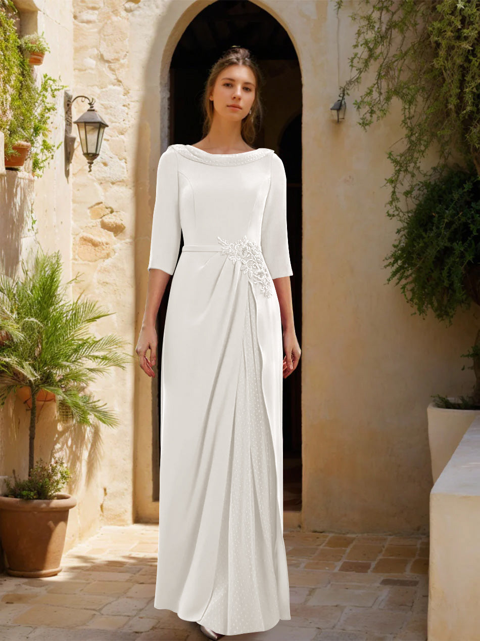 Gaine/Colonne Col bénitier 3/4 Manches La Longueur du Sol Robes Mère de La Mariée avec Tulle & Ceinture & Slit & Bijou Appliques