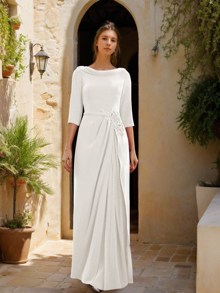 Gaine/Colonne Col bénitier 3/4 Manches La Longueur du Sol Robes Mère de La Mariée avec Tulle & Ceinture & Slit & Bijou Appliques