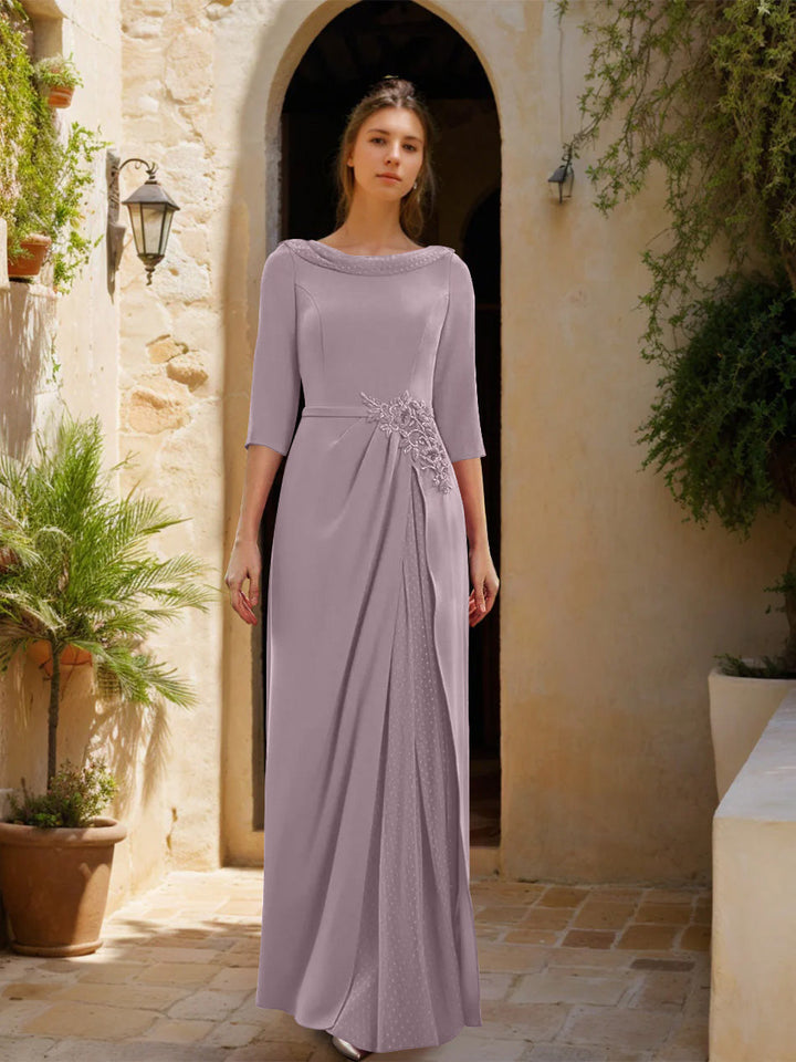 Gaine/Colonne Col bénitier 3/4 Manches La Longueur du Sol Robes Mère de La Mariée avec Tulle & Ceinture & Slit & Bijou Appliques