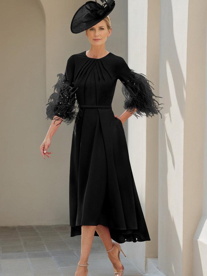 Ligne A/Princesse Scoop Demi-manches Longueur de Thé Robes Mère de La Mariée avec Feathers