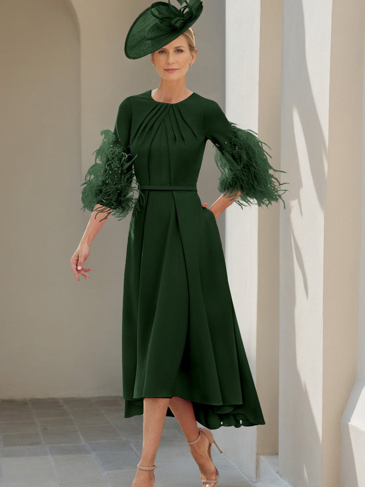 Ligne A/Princesse Scoop Demi-manches Longueur de Thé Robes Mère de La Mariée avec Feathers