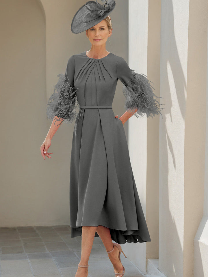 Ligne A/Princesse Scoop Demi-manches Longueur de Thé Robes Mère de La Mariée avec Feathers