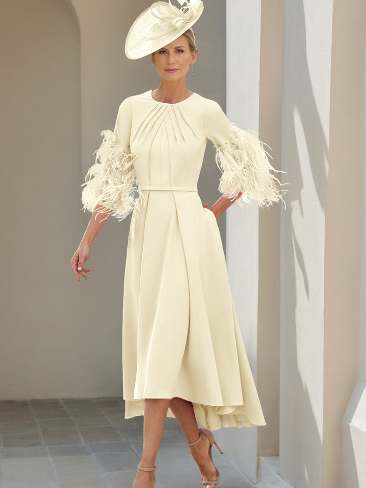 Ligne A/Princesse Scoop Demi-manches Longueur de Thé Robes Mère de La Mariée avec Feathers