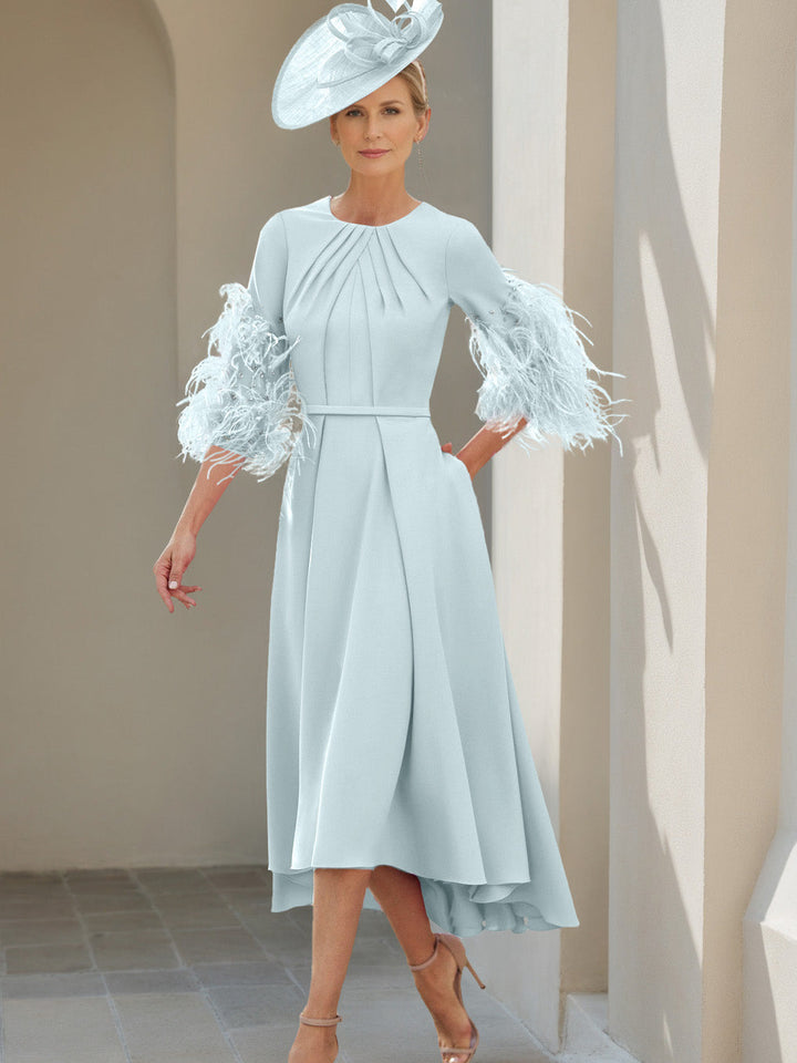 Ligne A/Princesse Scoop Demi-manches Longueur de Thé Robes Mère de La Mariée avec Feathers