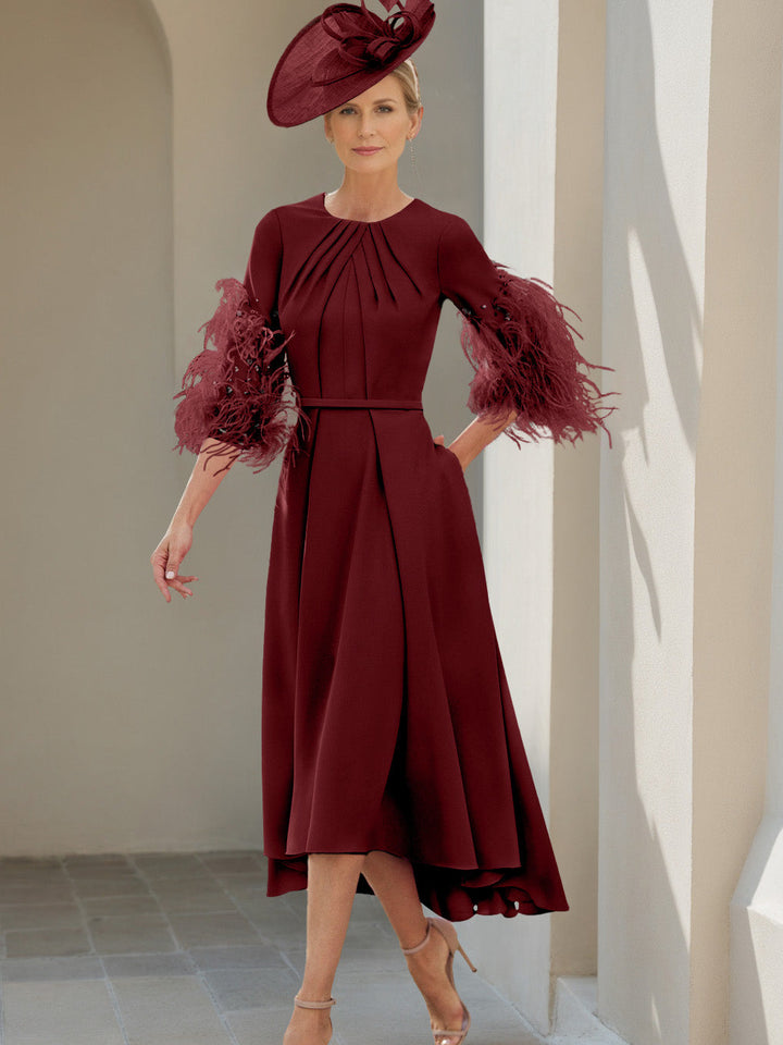 Ligne A/Princesse Scoop Demi-manches Longueur de Thé Robes Mère de La Mariée avec Feathers