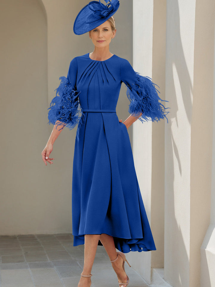 Ligne A/Princesse Scoop Demi-manches Longueur de Thé Robes Mère de La Mariée avec Feathers