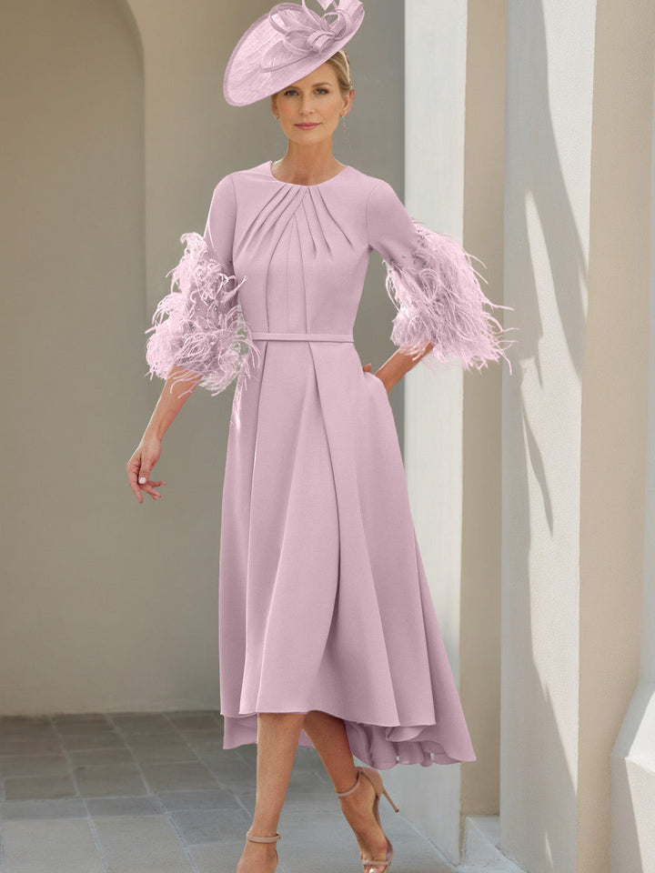 Ligne A/Princesse Scoop Demi-manches Longueur de Thé Robes Mère de La Mariée avec Feathers