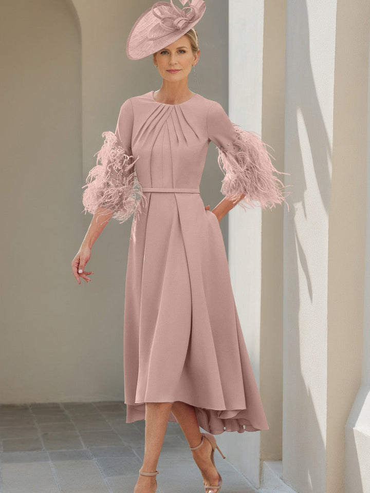 Ligne A/Princesse Scoop Demi-manches Longueur de Thé Robes Mère de La Mariée avec Feathers