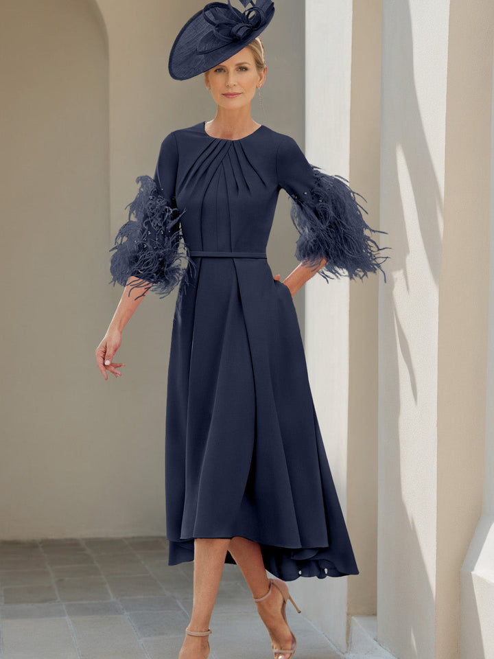 Ligne A/Princesse Scoop Demi-manches Longueur de Thé Robes Mère de La Mariée avec Feathers