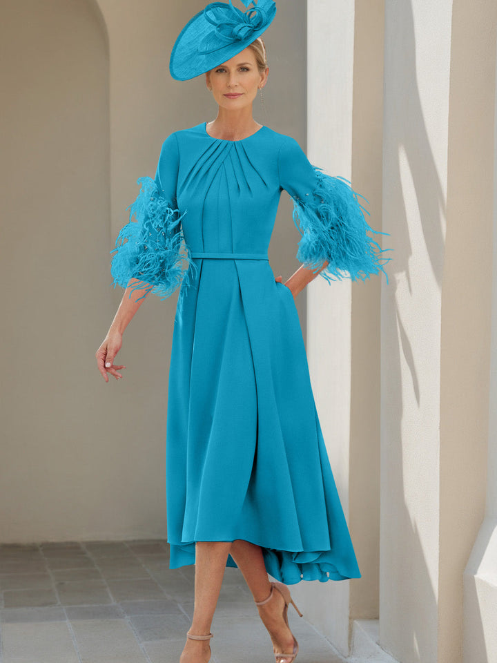 Ligne A/Princesse Scoop Demi-manches Longueur de Thé Robes Mère de La Mariée avec Feathers