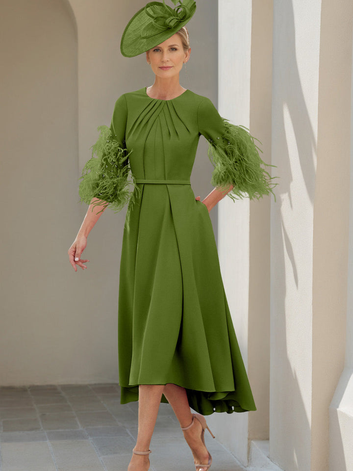 Ligne A/Princesse Scoop Demi-manches Longueur de Thé Robes Mère de La Mariée avec Feathers