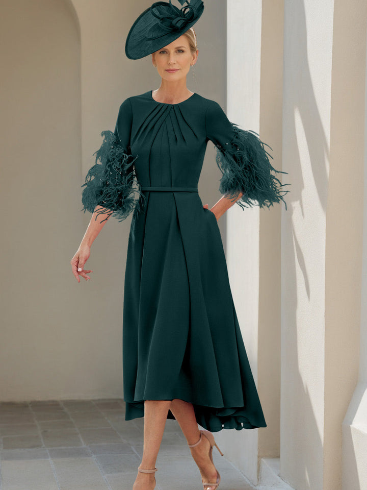 Ligne A/Princesse Scoop Demi-manches Longueur de Thé Robes Mère de La Mariée avec Feathers