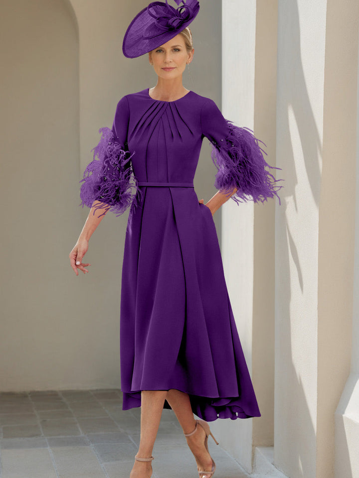 Ligne A/Princesse Scoop Demi-manches Longueur de Thé Robes Mère de La Mariée avec Feathers