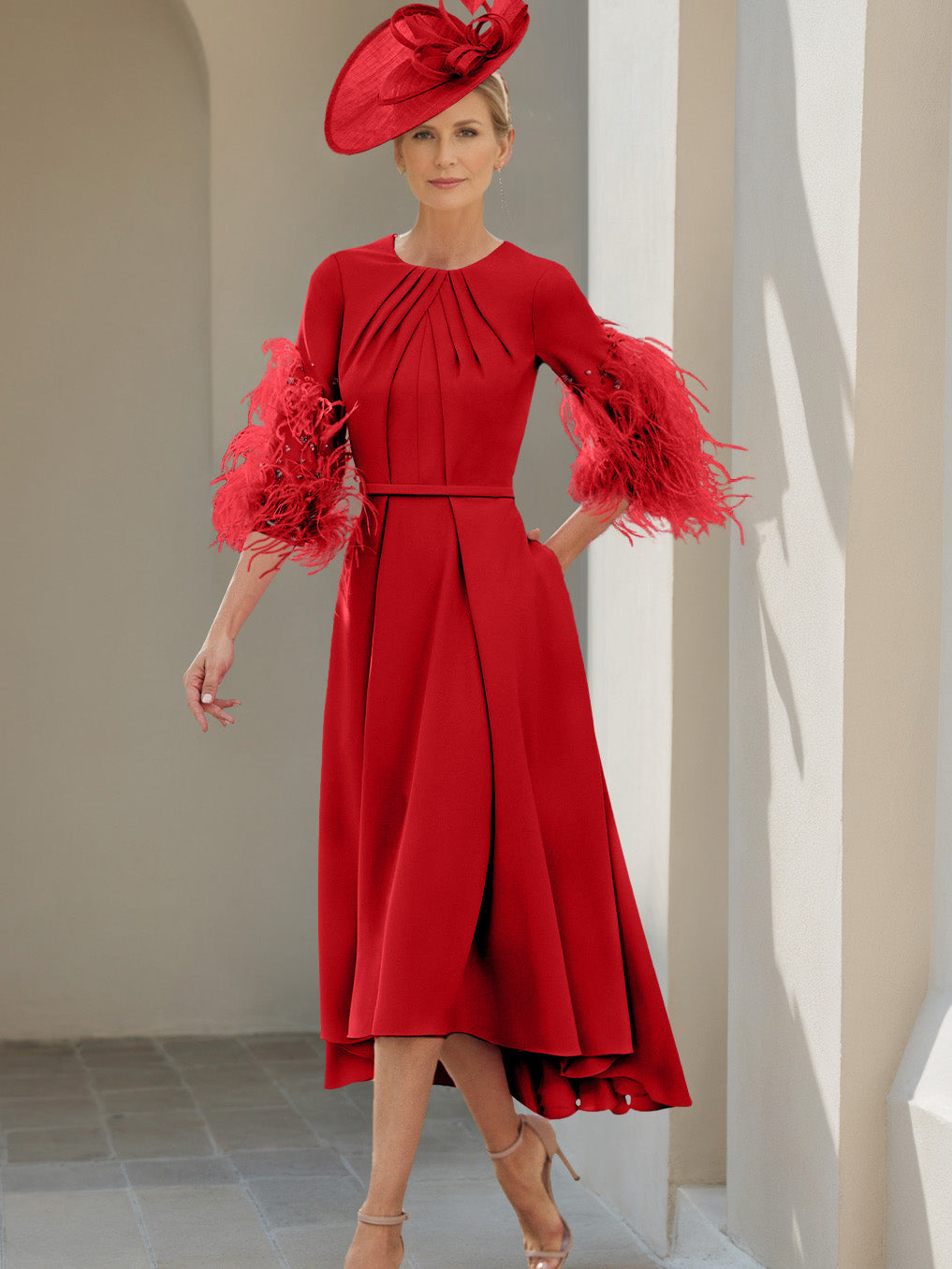 Ligne A/Princesse Scoop Demi-manches Longueur de Thé Robes Mère de La Mariée avec Feathers